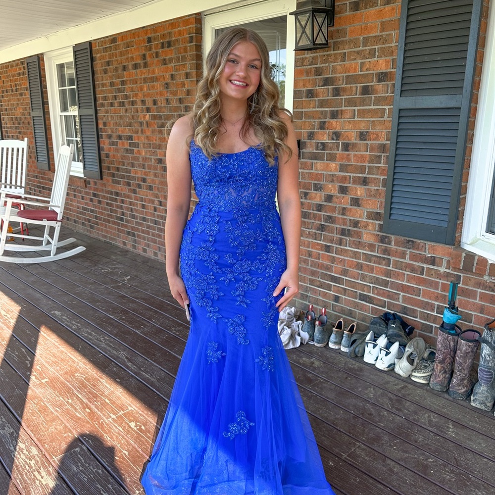 La Femme Royal Blue Floral Prom Dress
